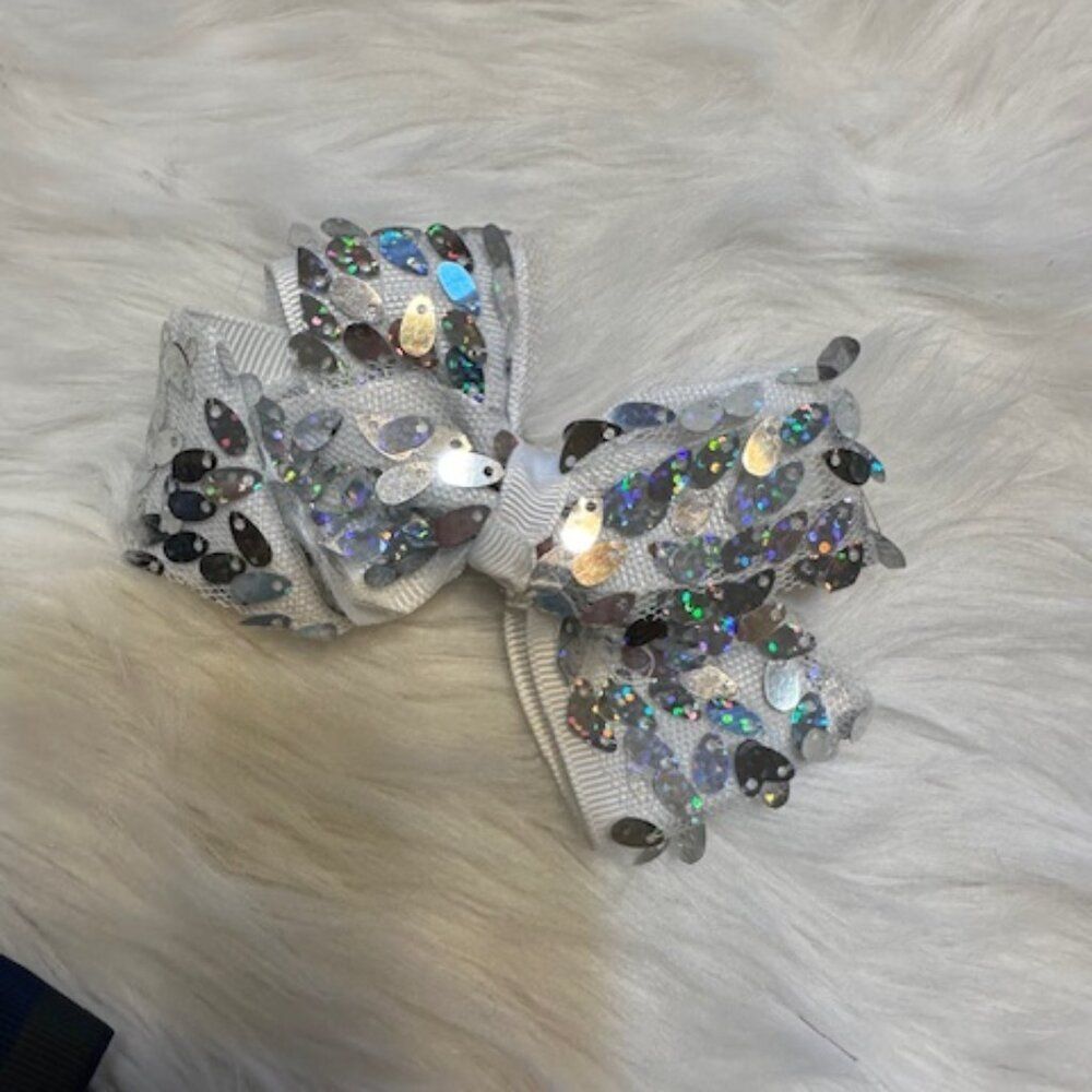White with Silver Sequin 5" Boutique Bow 7886 Handmade NWT Boutique